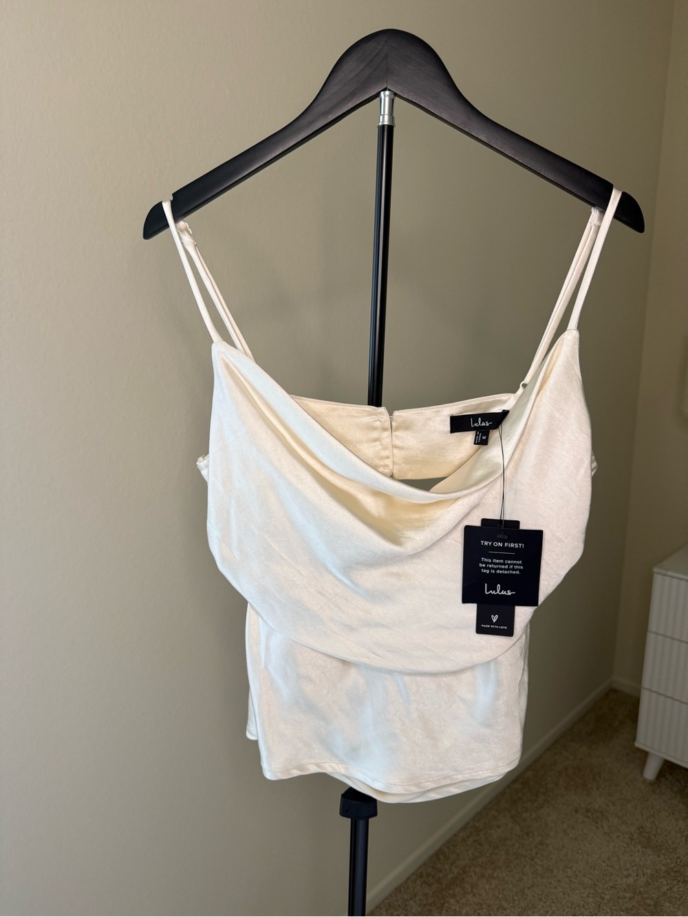 Lulus Ivory Satin Cowl Neck Camisole Top Size M Tags Attached